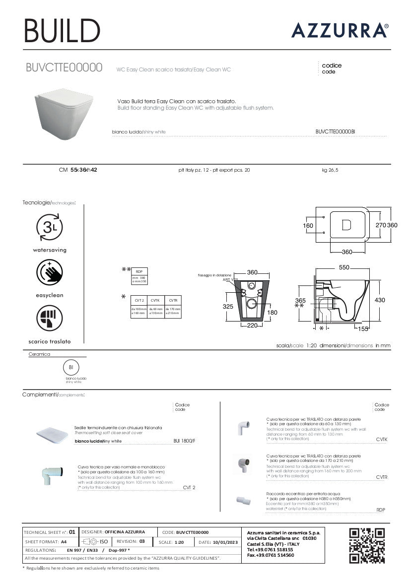 scheda tecnica vaso Wc installazione a terra con scarico traslato Build Azzurra