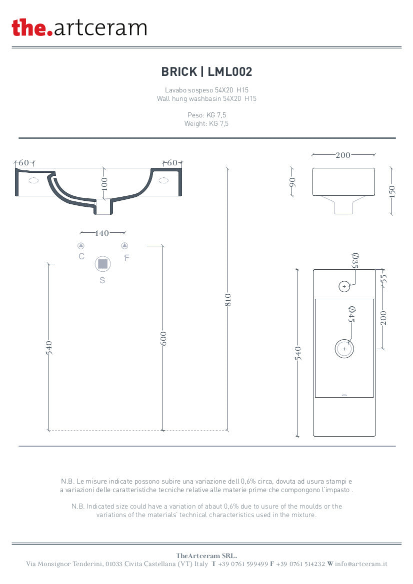 Lavamani Sospeso cm 20x54 Brick