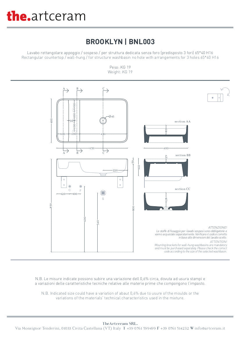 scheda tecnica lavabo Brooklyn 65x40 ArtCeram