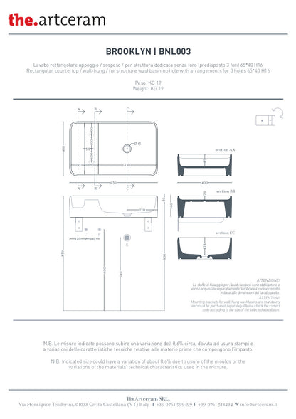 scheda tecnica lavabo Brooklyn 65x40 ArtCeram