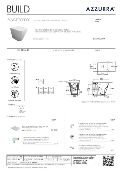 scheda tecnica vaso Wc installazione a terra con scarico traslato Build Azzurra