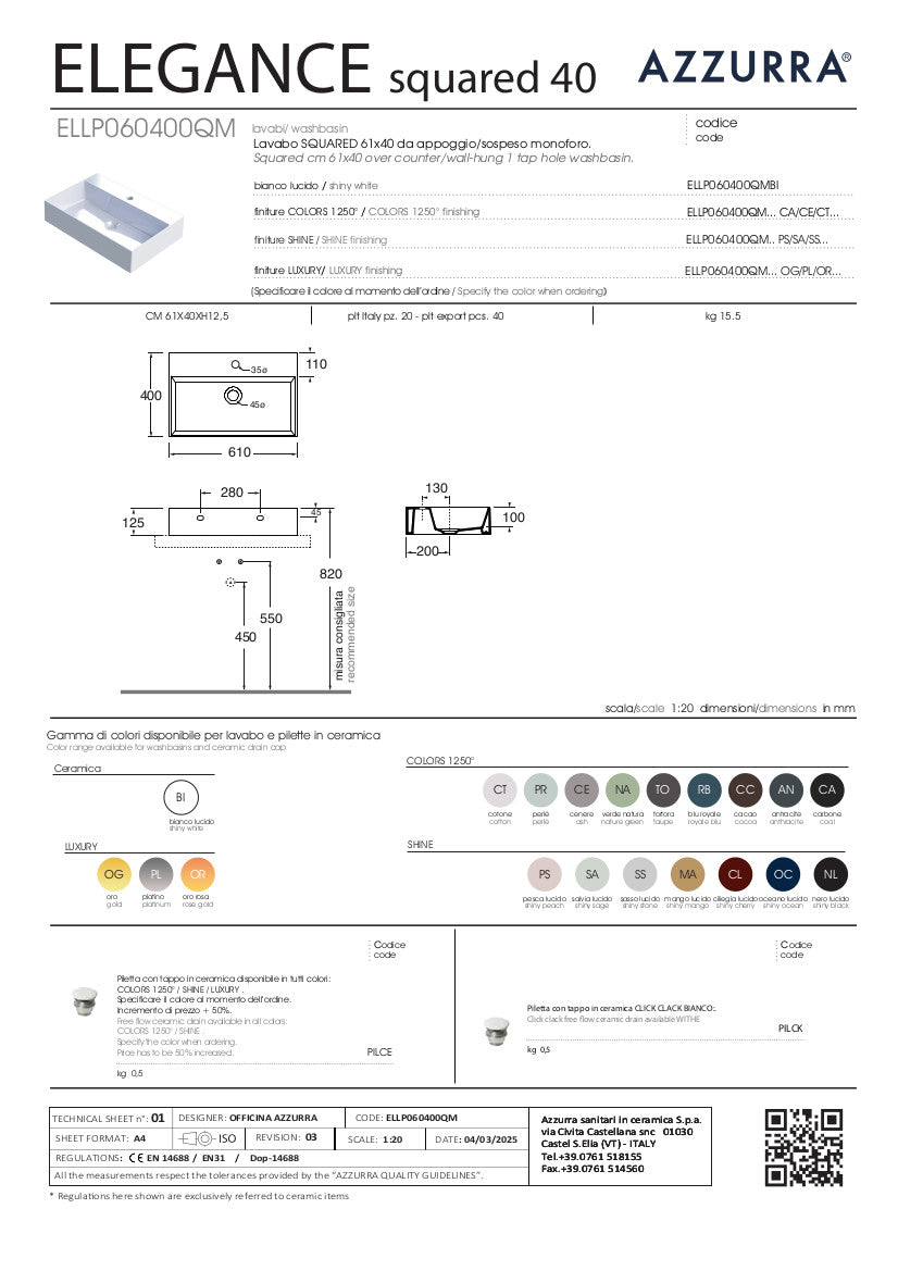 scheda tecnica lavabo appoggio elegance squared 61x40 azzurra