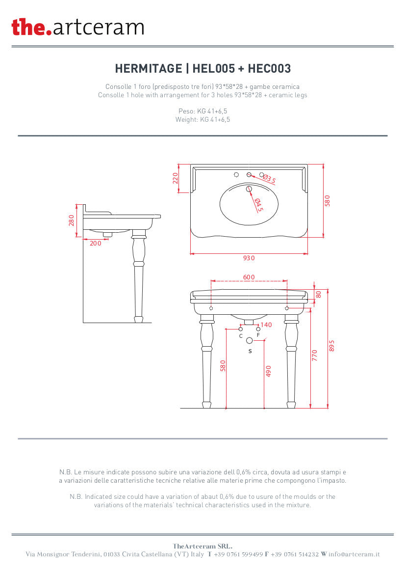 Lavabo Consolle Hermitage varie misure