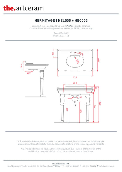 Lavabo Consolle Hermitage varie misure