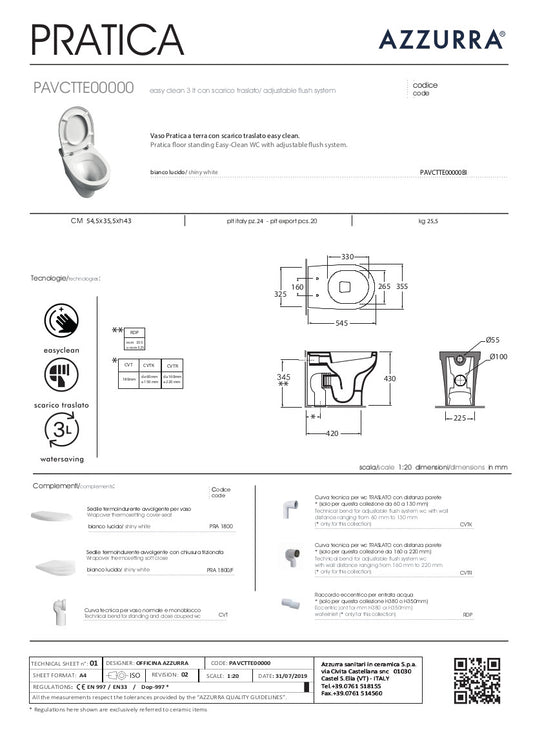 scheda tecnica vaso Wc filomuro Pratica Azzurra