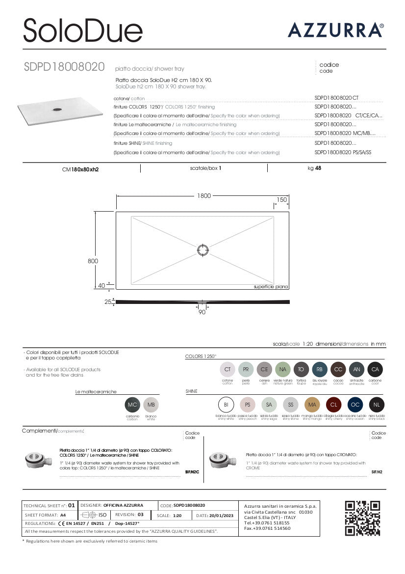Piatto Doccia cm 180x80xH2 SoloDue