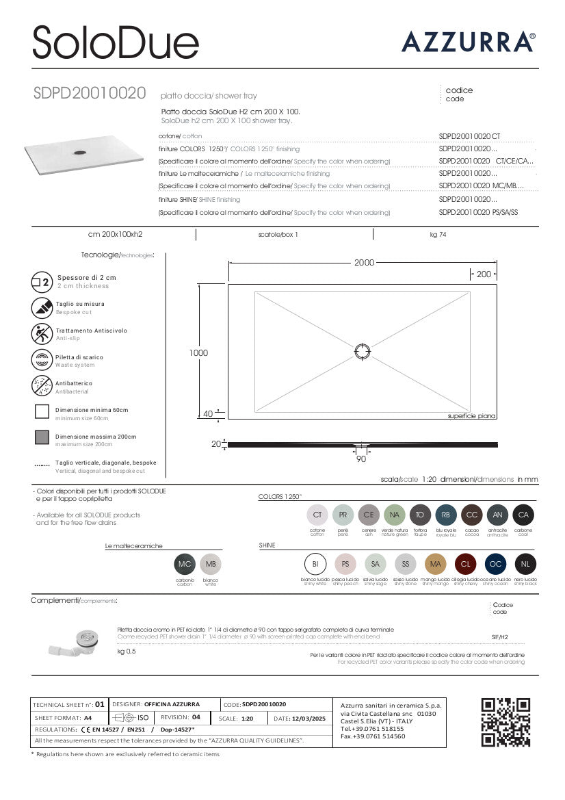 Piatto Doccia cm 200x100xH2 SoloDue