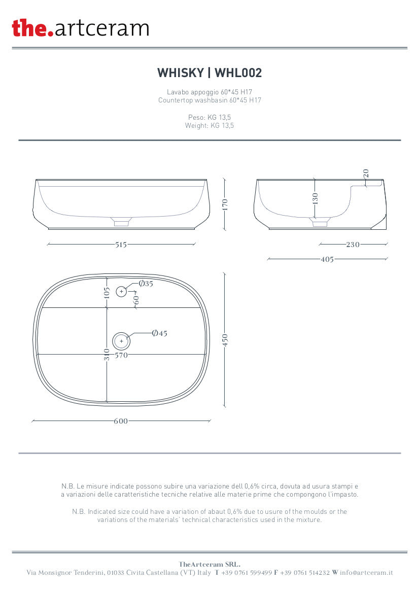 Lavabo Appoggio Ovale Monoforo cm 60x45 Whisky