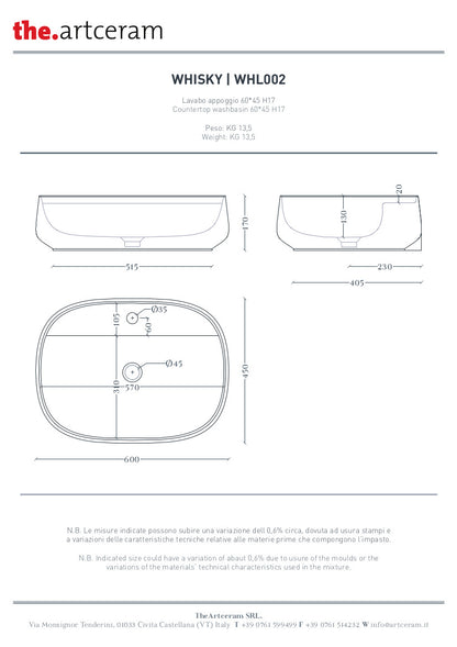 Lavabo Appoggio Ovale Monoforo cm 60x45 Whisky