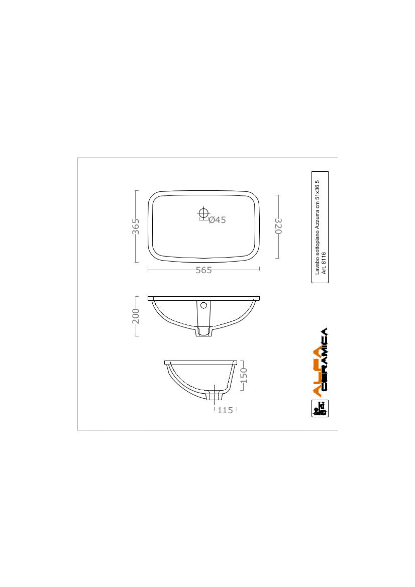 Lavabo Sottopiano cm 56.5x36.5 Azzurra