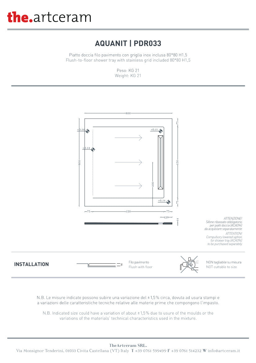 scheda tecnica piatto doccia 80x80 Aquanit Art Ceram