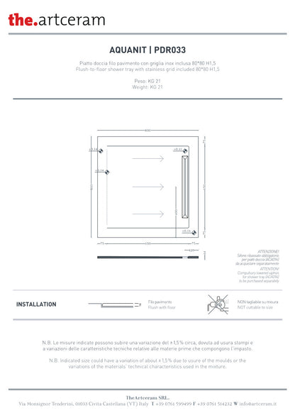 scheda tecnica piatto doccia 80x80 Aquanit Art Ceram