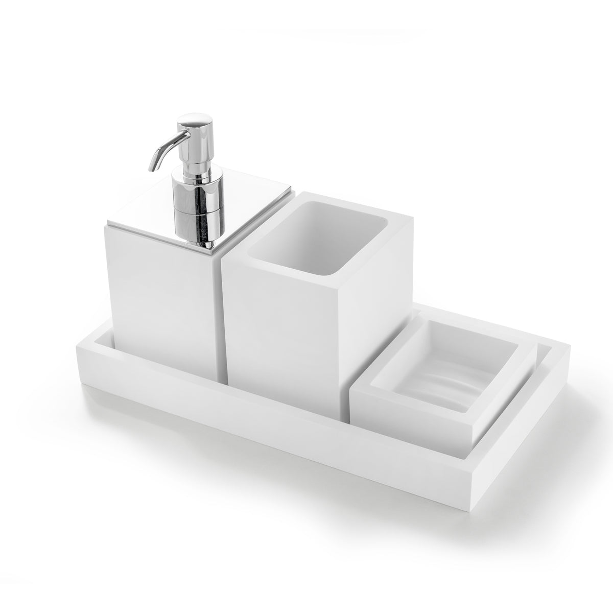 Set 4 pezzi, Bicchiere, Dispenser Sapone, Porta Saponetta, Vassoio BeMood bianco